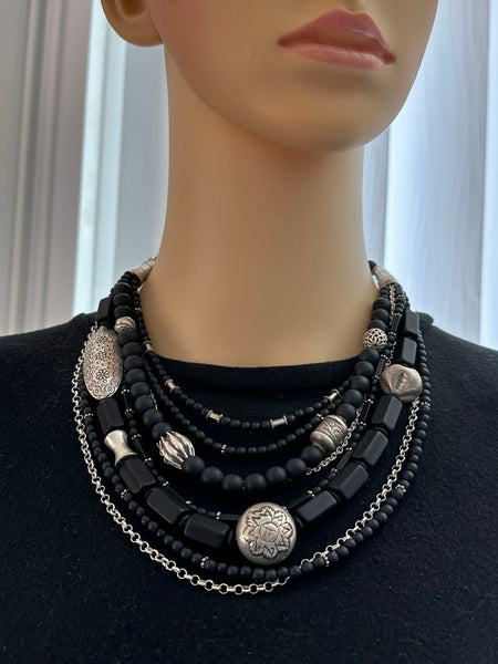 Multi-Strand Black Onyx and Silver Statement Necklace