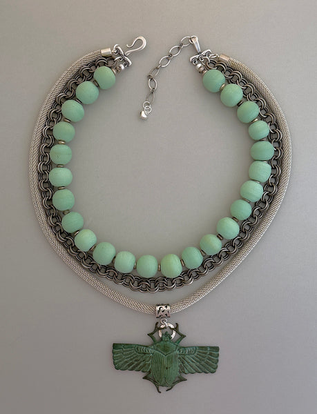 Ceramic and Sterling Silver Statement Necklace with Scarab Pendant