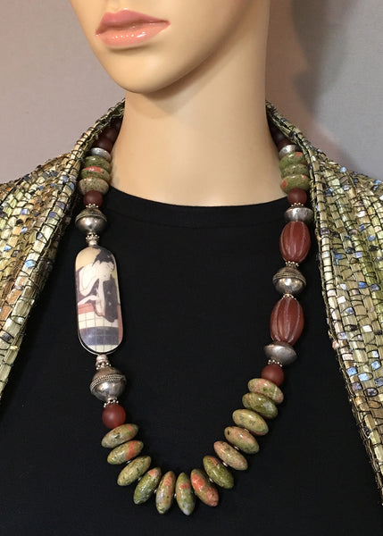 Unakite and Silver Statement Necklace