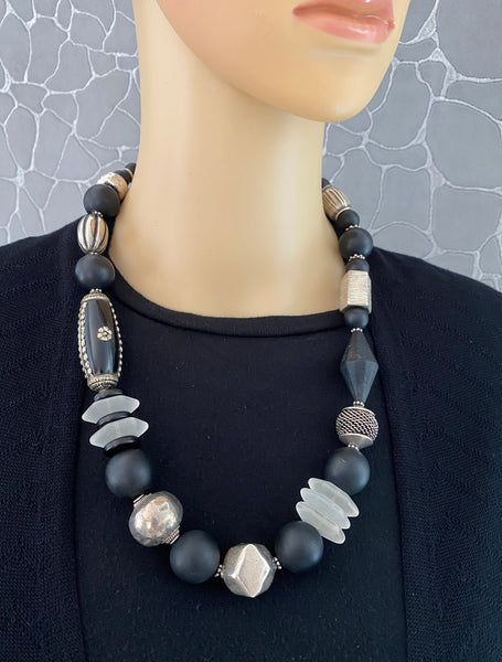 Black and Silver Mixed-Bead Statement Necklace