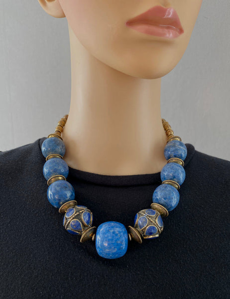 Chunky Blue and Brass Statement Necklace