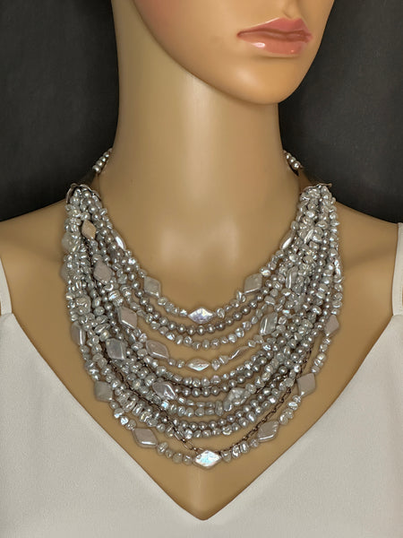 Multi-Strand Pearl and Silver Statement Necklace