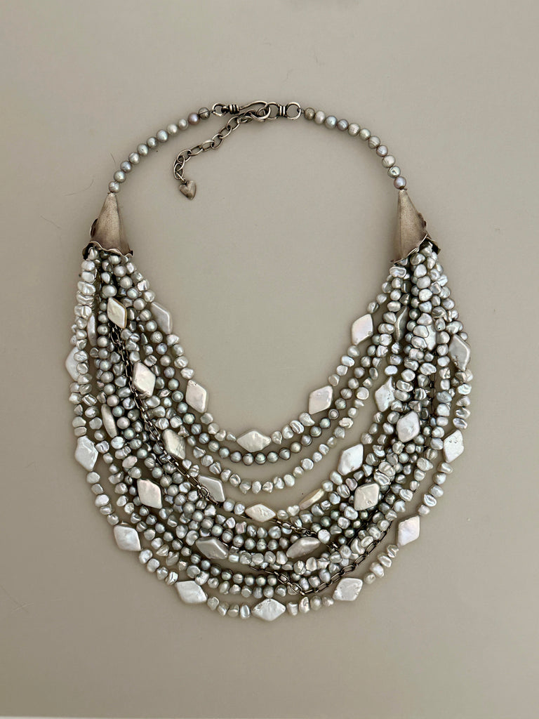 Multi-Strand Pearl and Silver Statement Necklace