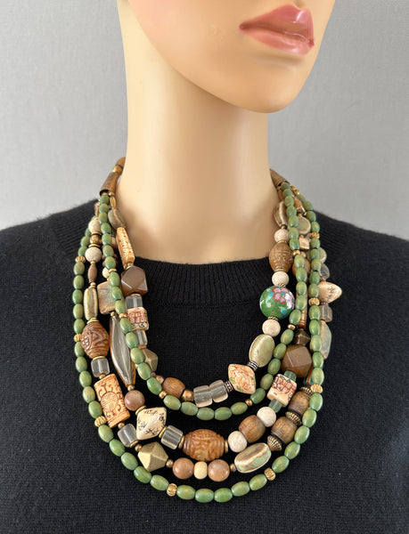 Multi-Strand Mixed Beads and Brass Statement Necklace