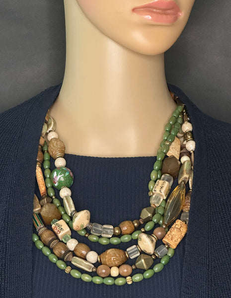 Multi-Strand Mixed Beads and Brass Statement Necklace