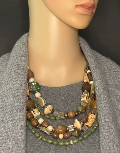 Multi-Strand Mixed Beads and Brass Statement Necklace