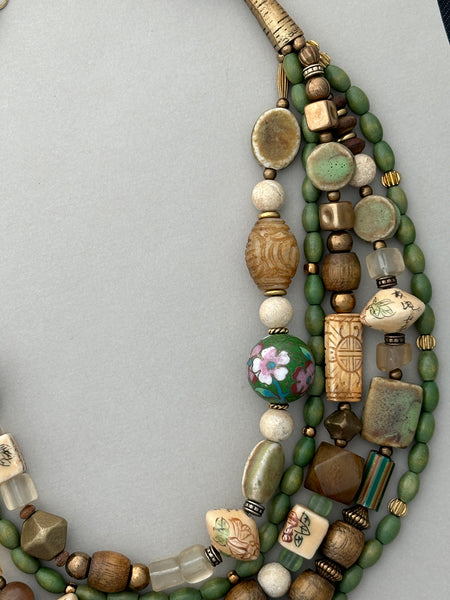 Multi-Strand Mixed Beads and Brass Statement Necklace