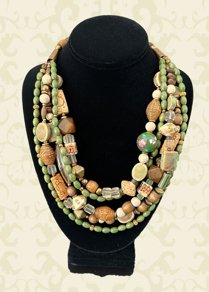 Multi-Strand Mixed Beads and Brass Statement Necklace
