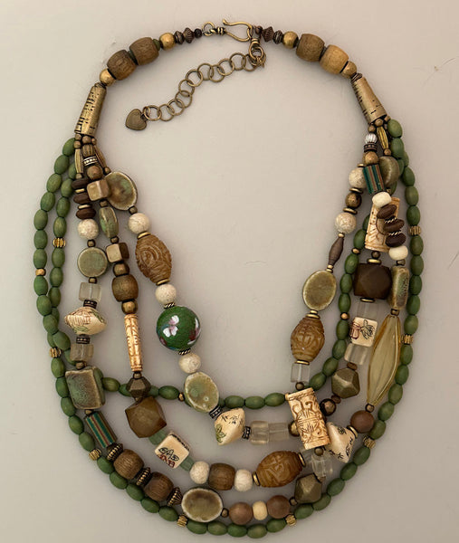 Multi-Strand Mixed Beads and Brass Statement Necklace