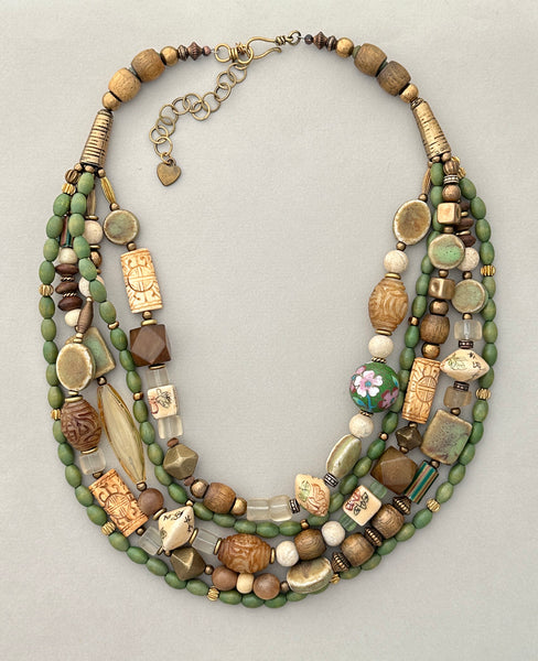 Multi-Strand Mixed Beads and Brass Statement Necklace
