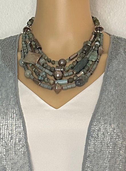 Multi-Strand Blue and Silver Statement Necklace