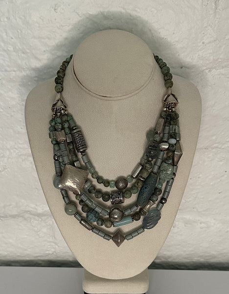 Multi-Strand Blue and Silver Statement Necklace