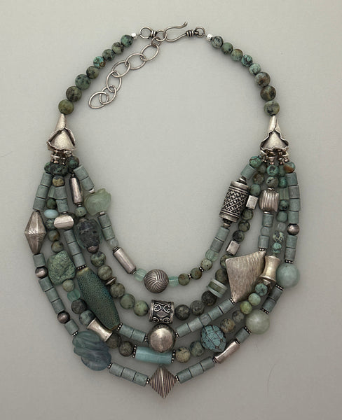 Multi-Strand Blue and Silver Statement Necklace
