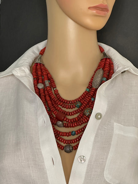 Multi-Strand Red Tibetan Glass and Silver Statement Necklace