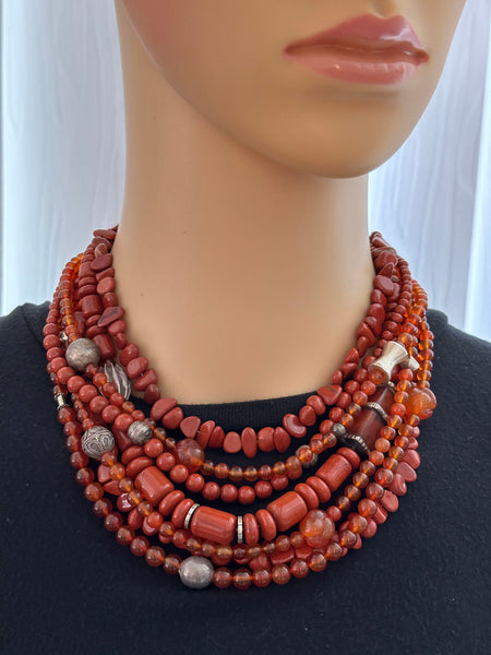 Multi-Strand Red Jasper and Silver Statement Necklace