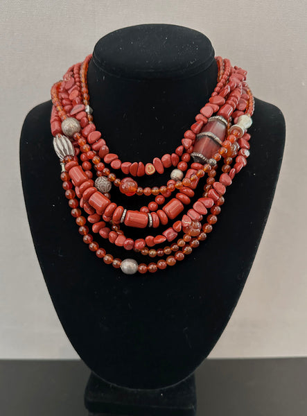 Multi-Strand Red Jasper and Silver Statement Necklace