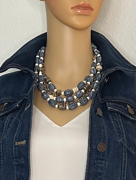 Multi-Strand Blue Afghan Ceramic Statement Necklace