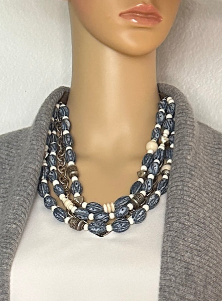 Multi-Strand Blue Afghan Ceramic Statement Necklace