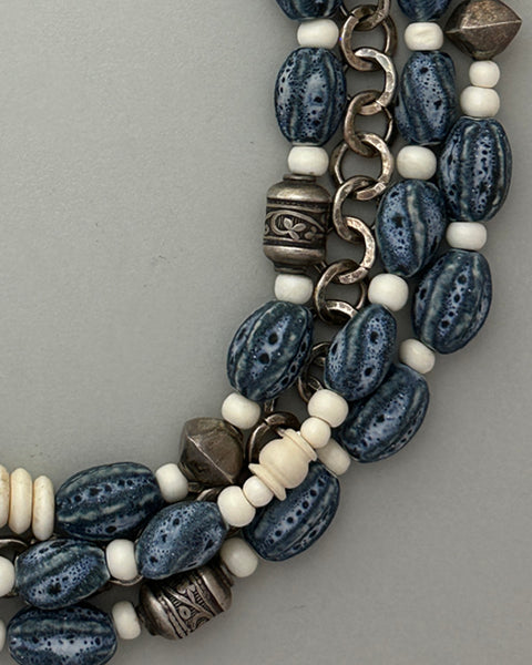 Multi-Strand Blue Afghan Ceramic Statement Necklace