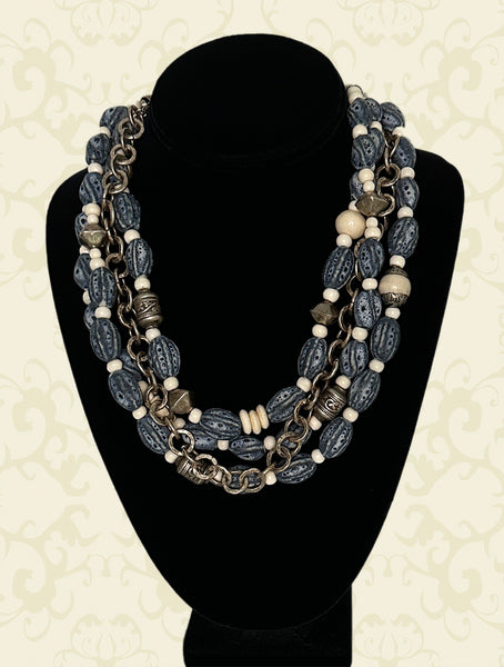 Multi-Strand Blue Afghan Ceramic Statement Necklace