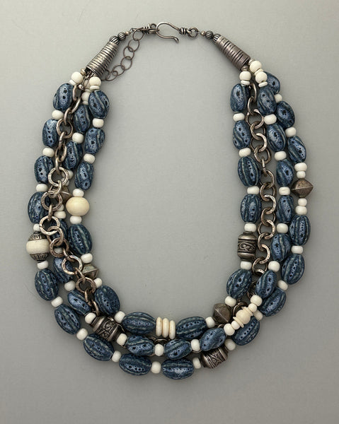 Multi-Strand Blue Afghan Ceramic Statement Necklace