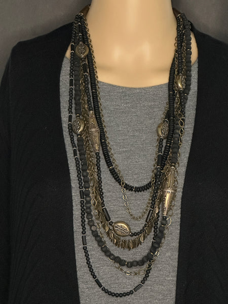 Long Black and Brass Statement Necklace