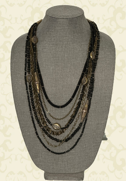 Long Black and Brass Statement Necklace