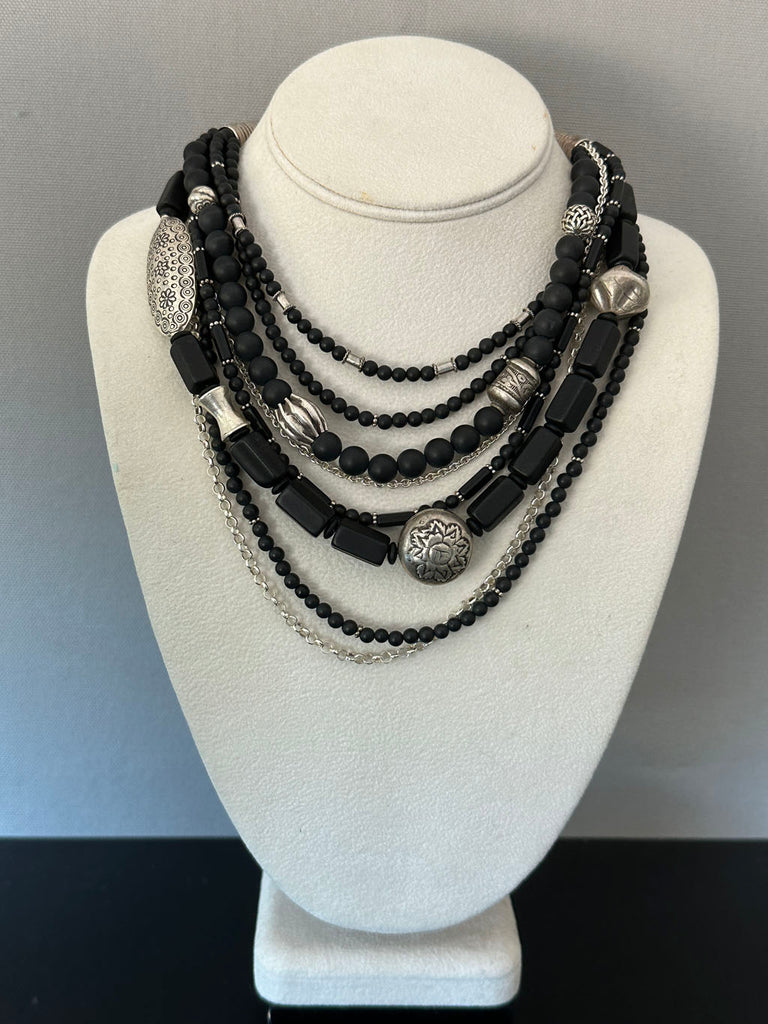 one dress, four necklaces: choosing a statement necklace for a black floral  v-neck dress - MEGAN AUMAN