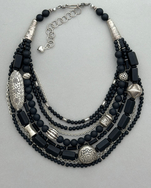 Multi-Strand Black Onyx and Silver Statement Necklace