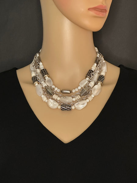 Multi-Strand Mother of Pearl and Silver Statement Necklace