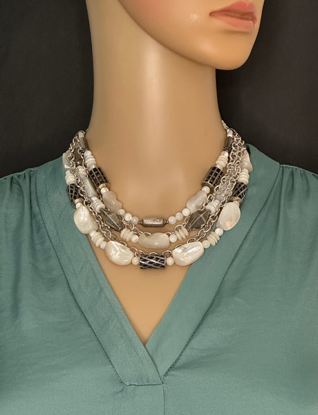 Multi-Strand Mother of Pearl and Silver Statement Necklace