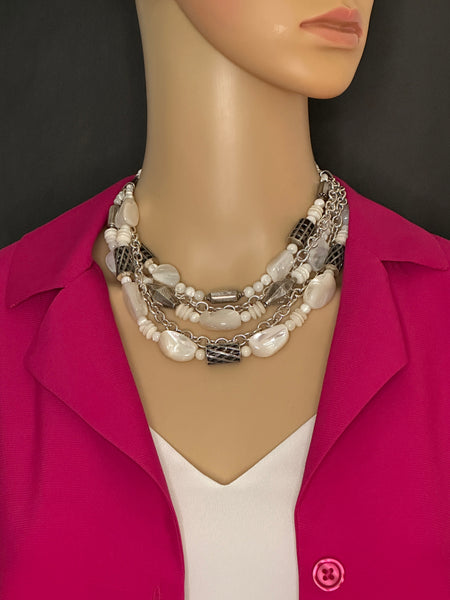 Multi-Strand Mother of Pearl and Silver Statement Necklace