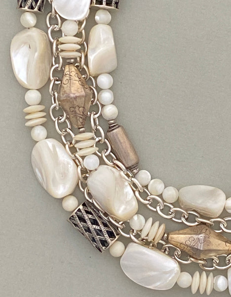Multi-Strand Mother of Pearl and Silver Statement Necklace