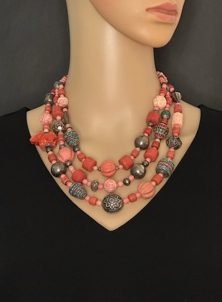 Mixed-Bead Coral and Silver Statement Necklace