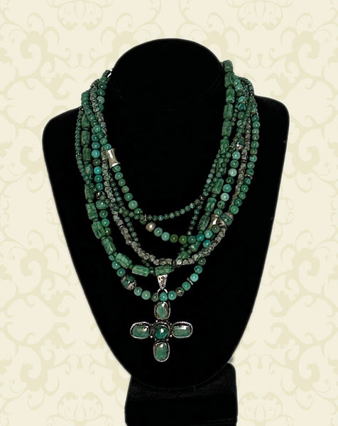 Multi-Strand Turquoise Statement Necklace with Tibetan Pendant