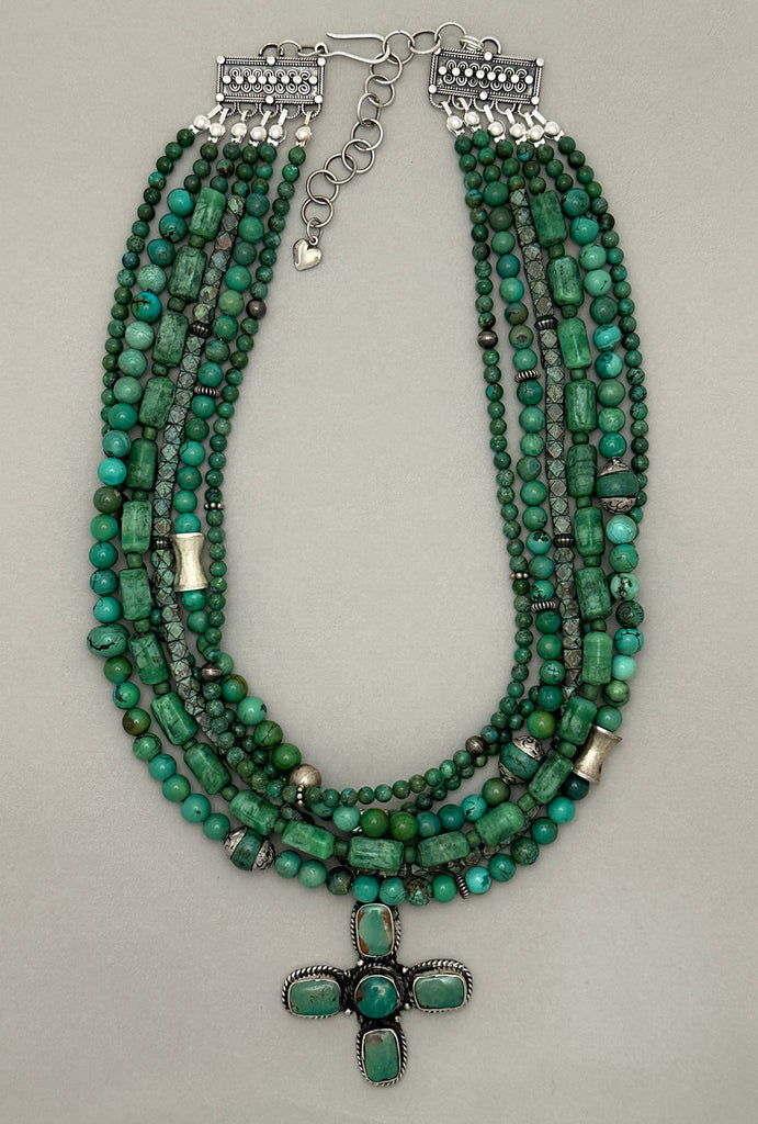 Multi-Strand Turquoise Statement Necklace with Tibetan Pendant