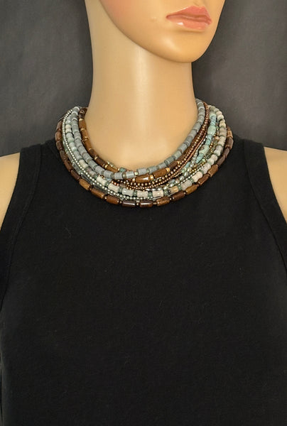 Multi-Strand Mixed-Bead and Brass Statement Necklace