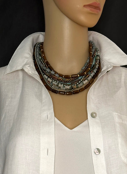 Multi-Strand Mixed-Bead and Brass Statement Necklace