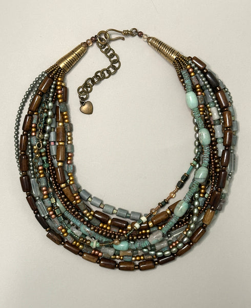 Multi-Strand Mixed-Bead and Brass Statement Necklace