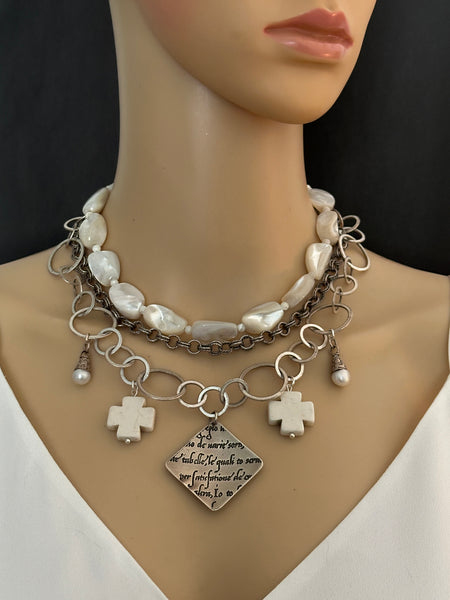 Mother of Pearl and Silver Statement Necklace