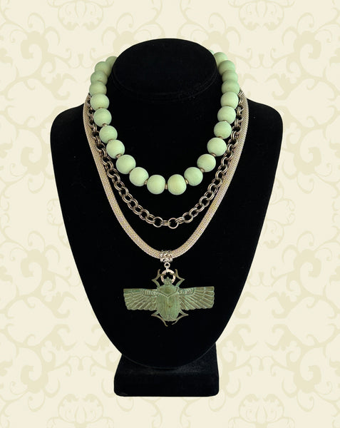 Ceramic and Sterling Silver Statement Necklace with Scarab Pendant