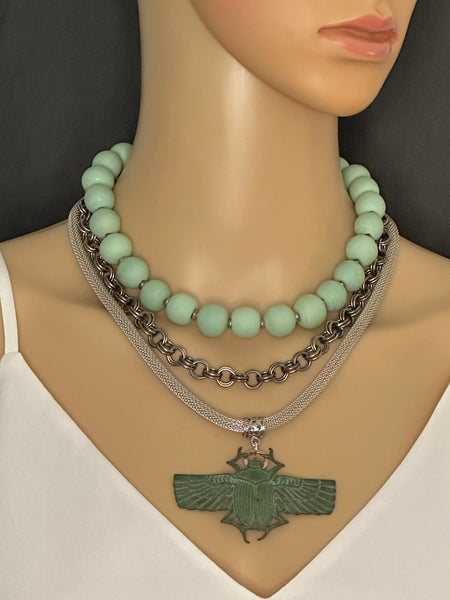 Ceramic and Sterling Silver Statement Necklace with Scarab Pendant