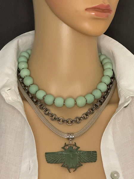 Ceramic and Sterling Silver Statement Necklace with Scarab Pendant