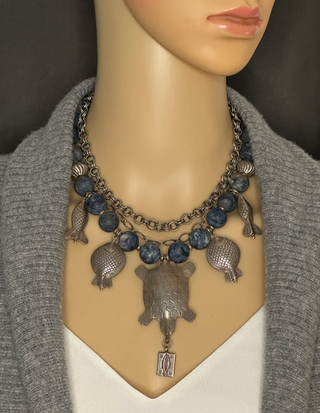 Navy and Silver Charm Statement Necklace
