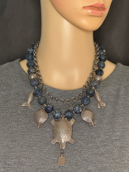Navy and Silver Charm Statement Necklace