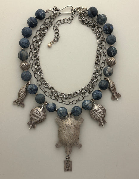 Navy and Silver Charm Statement Necklace