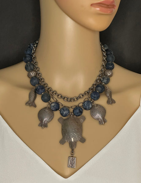 Navy and Silver Charm Statement Necklace