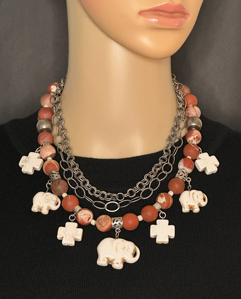 Jasper and Elephant Charm Statement Necklace