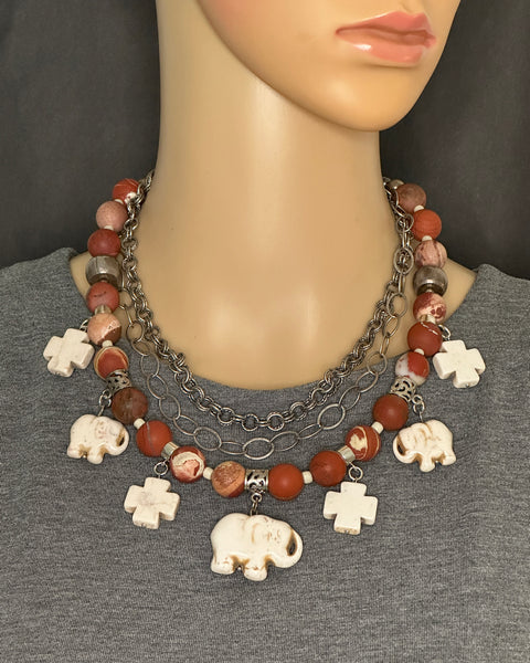 Jasper and Elephant Charm Statement Necklace