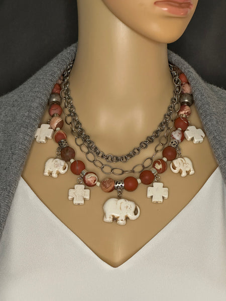Jasper and Elephant Charm Statement Necklace